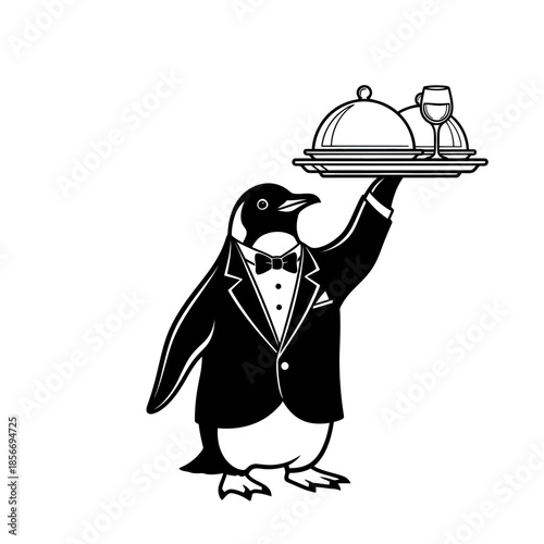 Elegant Penguin Waiter Character Holding Serving Tray Vector