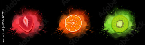 Fruit taste explosion effect on black background. Vector realistic illustration of orange or tangerine, kiwi, strawberry slices flying in flavor burst, colour blast cloud, natural energy, drink design
