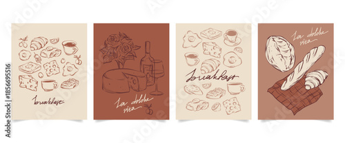 French breakfast poster collection with hand drawn bakery doodles. Sketch illustrations of pastry with cheese, baguette and coffee cup in rustic aesthetic with rose bouquet and wine bottle designs.