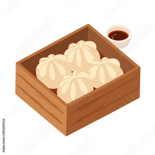 Steamed dumplings in wooden box with dipping sauce, culinary delight