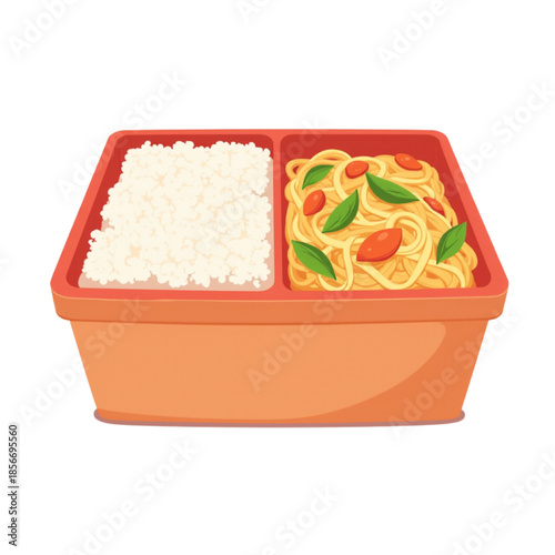 Colorful lunchbox with rice and noodles, healthy meal concept