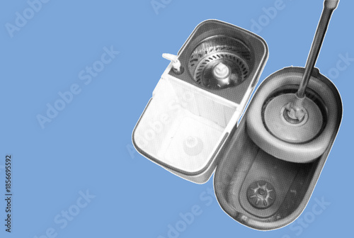 close up of modern spin mop bucket pixelate grayscale color halftone dotted texture style collage element isolated on blue background