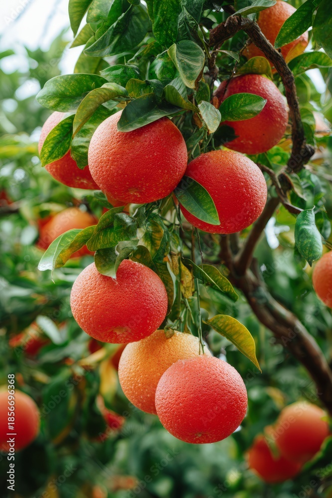 Obraz premium Red grapefruit ripening on citrus tree in orchard, vertical