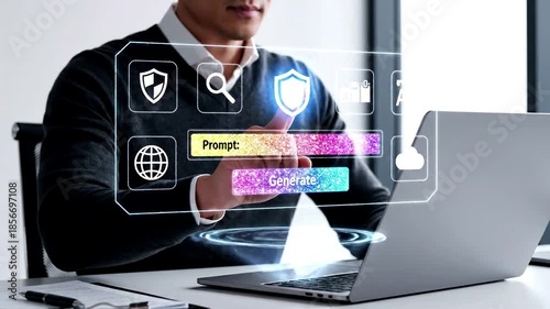 Businessman interacting with a futuristic holographic screen to generate AI content. Concept of prompt engineering, machine learning, and advanced future technology in a modern office.