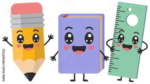 Cute cartoon pencil book and ruler characters waving representing education and school supplies in a fun playful style isolated on white