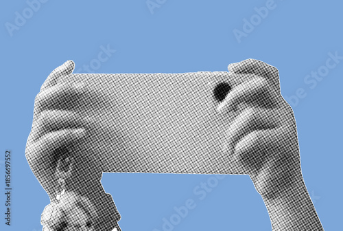close up of kid hand holding smartphone pixelate grayscale color halftone dotted texture style collage element isolated on blue background