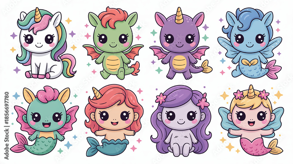 Obraz premium Collection of cute fantasy creatures including unicorns dragons mermaids and fairies in a kawaii cartoon style perfect for childrens illustrations and magical designs