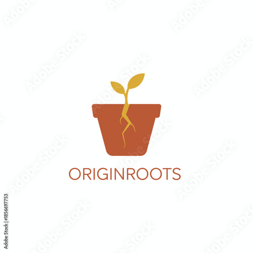 Minimalist plant sprout in a clay pot icon for organic gardening or botanical nursery brand identity professional logotype named ORIGINROOTS.