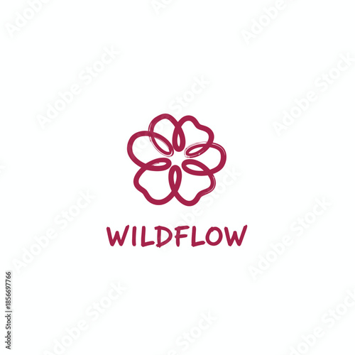 Minimalist mono-line flower petal icon for organic beauty and boutique wellness branding featuring the elegant Wildflow script text logo.