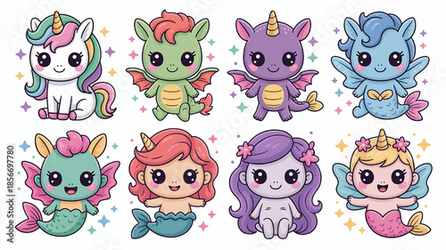 Collection of cute fantasy creatures including unicorns dragons mermaids and fairies in a kawaii cartoon style perfect for childrens illustrations and magical designs