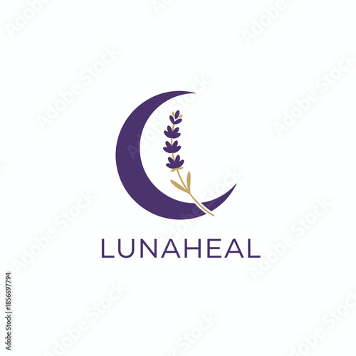 Crescent moon and lavender sprig icon for holistic aromatherapy and sleep wellness branding featuring the elegant Lunaheal text logo.