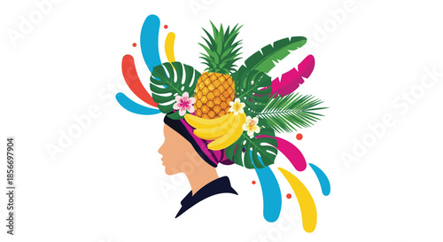 Artistic profile of a woman wearing an elaborate tropical fruit headdress featuring pineapple banana and palm leaves.