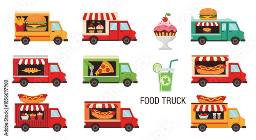 Variety of colorful street food trucks and drink icons including burgers pizza hot dogs ice cream and green smoothies.