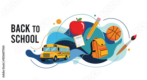 Back to school banner with educational elements like a yellow bus red apple pencil backpack and basketball equipment.
