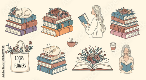 Collection of cozy hand drawn illustrations featuring cats sleeping on book stacks and people reading with hot coffee.