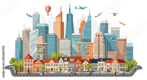 Modern city lifestyle with skyscrapers townhouses and diverse people walking biking and driving on a busy urban street.