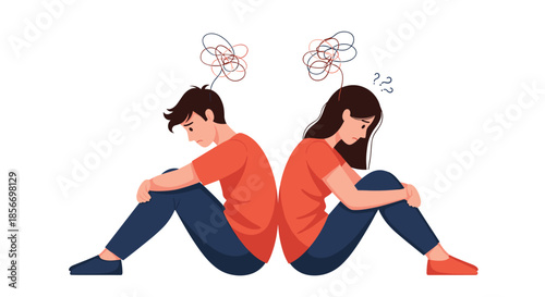 Couple sitting back to back with sad expressions and tangled thoughts illustrating a relationship conflict or stress.