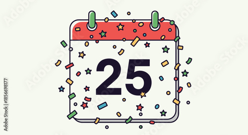 Calendar page for the twenty fifth of December with colorful confetti and stars for a festive holiday celebration.