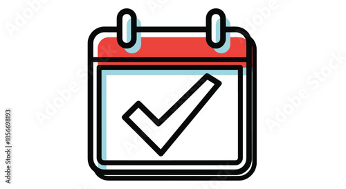 Calendar icon with a red header and a large black checkmark on the white page signifying a completed task or date.