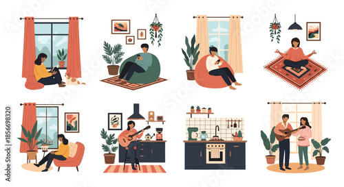 Set of people enjoying relaxing home activities like reading meditating playing guitar and cooking in cozy interiors.