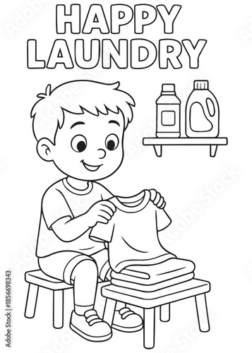 coloring book boy folding clean clothes on a stool