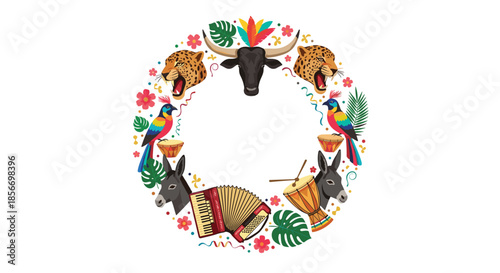 Brazilian carnival wreath with exotic animal heads colorful birds musical instruments and tropical leaves in a circle.