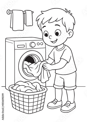 coloring book boy putting clothes into washing machine