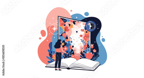 Young girl looks into the magical world of stories through an open book filled with vibrant blooming spring flowers.