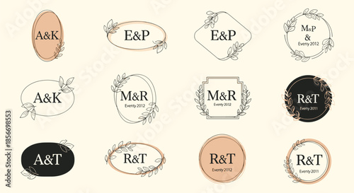 Elegant wedding monogram collection with initials in various floral and leaf frames for invitations and stationery.