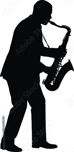 Black silhouette of a man playing the saxophone, professional musician performing jazz music, isolated vector male saxophonist profile on white.