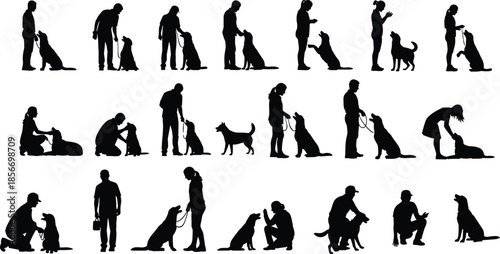 Dog and human silhouette set, black vector style, pet bonding moments, training, play, walk, affection, interaction graphic