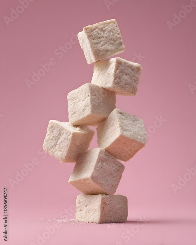 Minimalist Stack of Balanced White Tofu Cubes on a Soft Pink Background