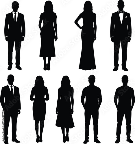 Fashion silhouette icon set, black vector style, formal and casual attire, standing poses, clothing diversity, character design graphic