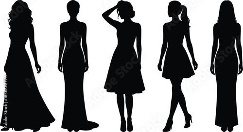 Fashion silhouette icon set, black vector style, women standing poses, dress variety, stylish figure, clothing design graphic