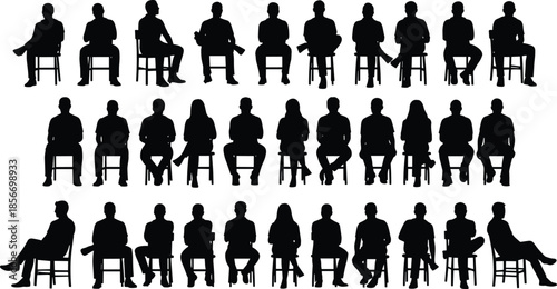 Seated posture silhouette icon set, black vector style, sitting poses, chair positions, body language, ergonomic design graphic