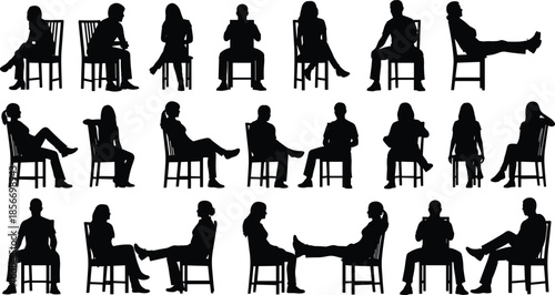 Seated posture silhouette set, black vector style, chair poses, body language variation, sitting gesture, ergonomic graphic symbol