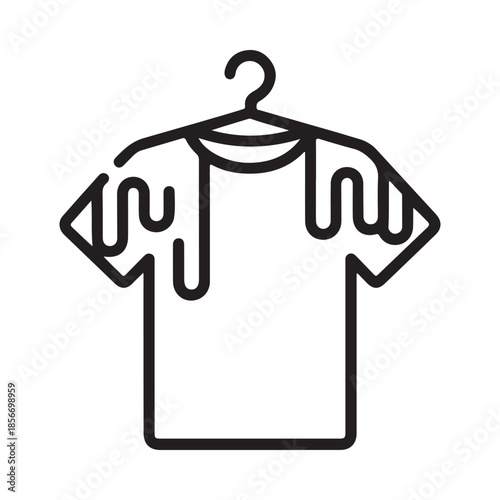 A simple black line drawing of a t shirt hanging on a clothes hanger