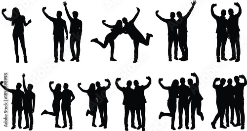 Selfie silhouette icon set, black vector style, expressive poses, social interaction, jumping hugging standing, modern behavior graphic
