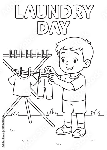 coloring book boy hanging clothes on drying rack