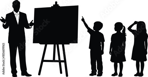 Teacher and students silhouette, classroom presentation scene, black vector style, education interaction, learning environment, instructional graphic