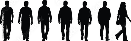 Walking silhouette icon set, black vector style, diverse human poses, casual stride, motion study, side view graphic