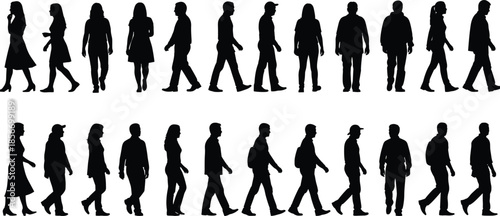 Walking silhouette icon set, black vector style, diverse human poses, motion study, casual steps, crowd movement graphic