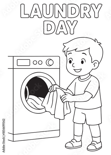 coloring book boy taking clothes out of washing machine