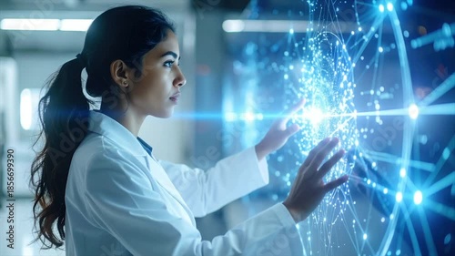 Woman in lab coat interacts with a glowing, intricate digital sphere. Technology concept