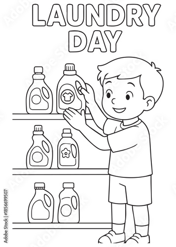 coloring book boy arranging detergent bottles on shelf
