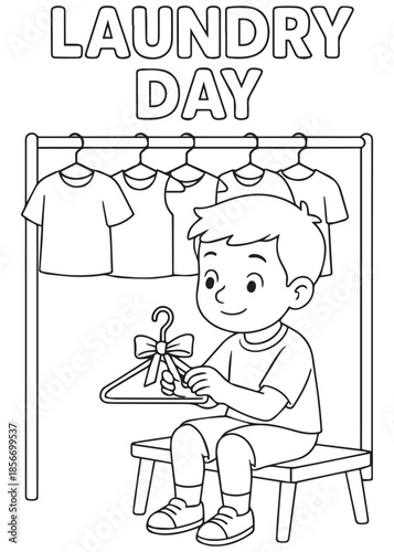 coloring book boy tying ribbon on clothes hanger