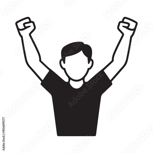 A victorious person with arms raised in a celebratory pose black and white
