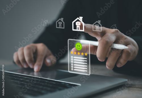 digital customer rating interface with five star satisfaction, checklist evaluation and home service review on laptop screen, representing quality assessment, feedback system and user experience.