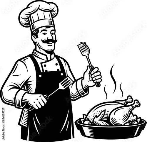 Chef with turkey illustration, black cooking scene, festive meal preparation, culinary expertise vector, kitchen food graphic, restaurant celebration design
