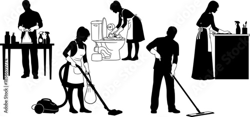 Cleaning activity silhouette set, black household chore icons, hygiene task vector, kitchen bathroom maintenance graphic, domestic work illustration, sanitation design elements